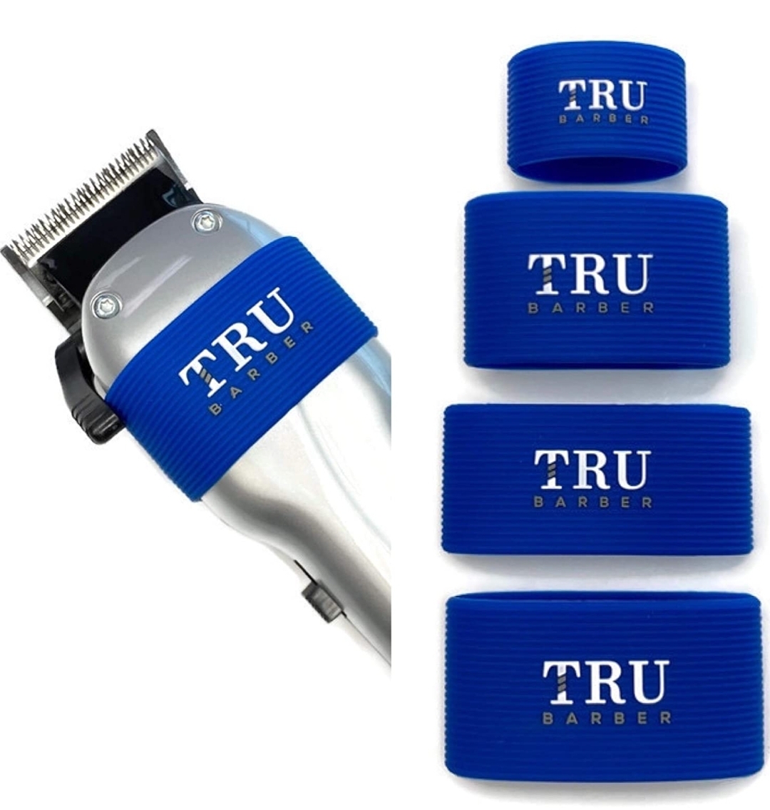 Protetores azuis para lâminas com texto TRU BARBER e máquina de cortar cabelo