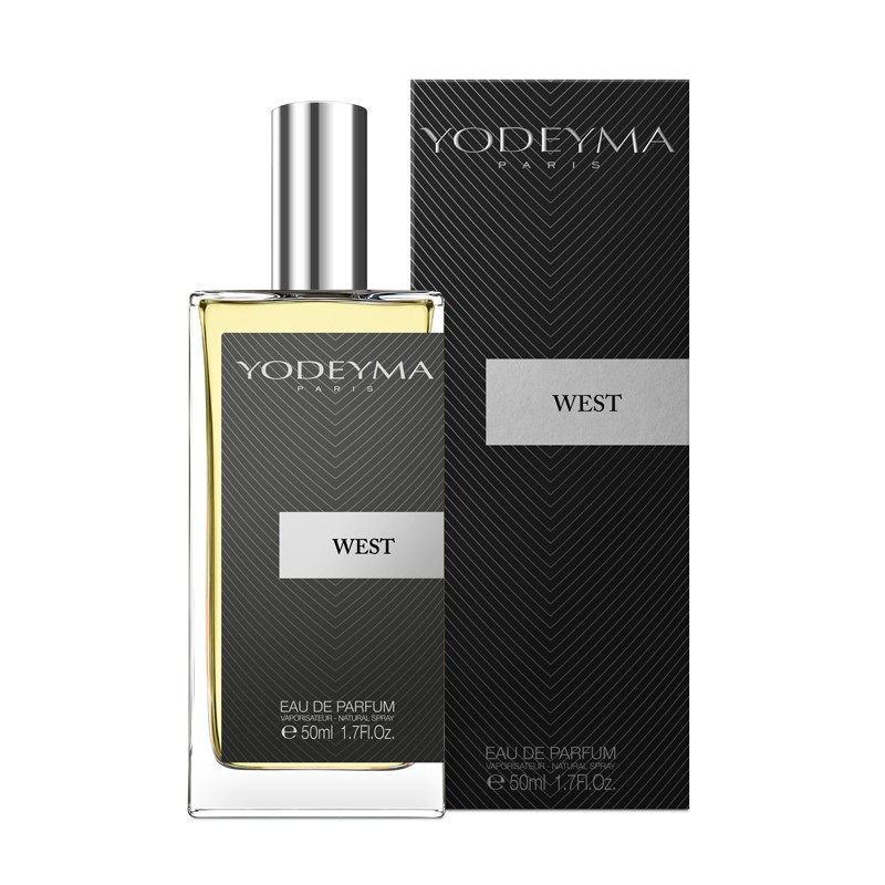 Frasco e caixa de perfume Yodeyma West preto e prateado