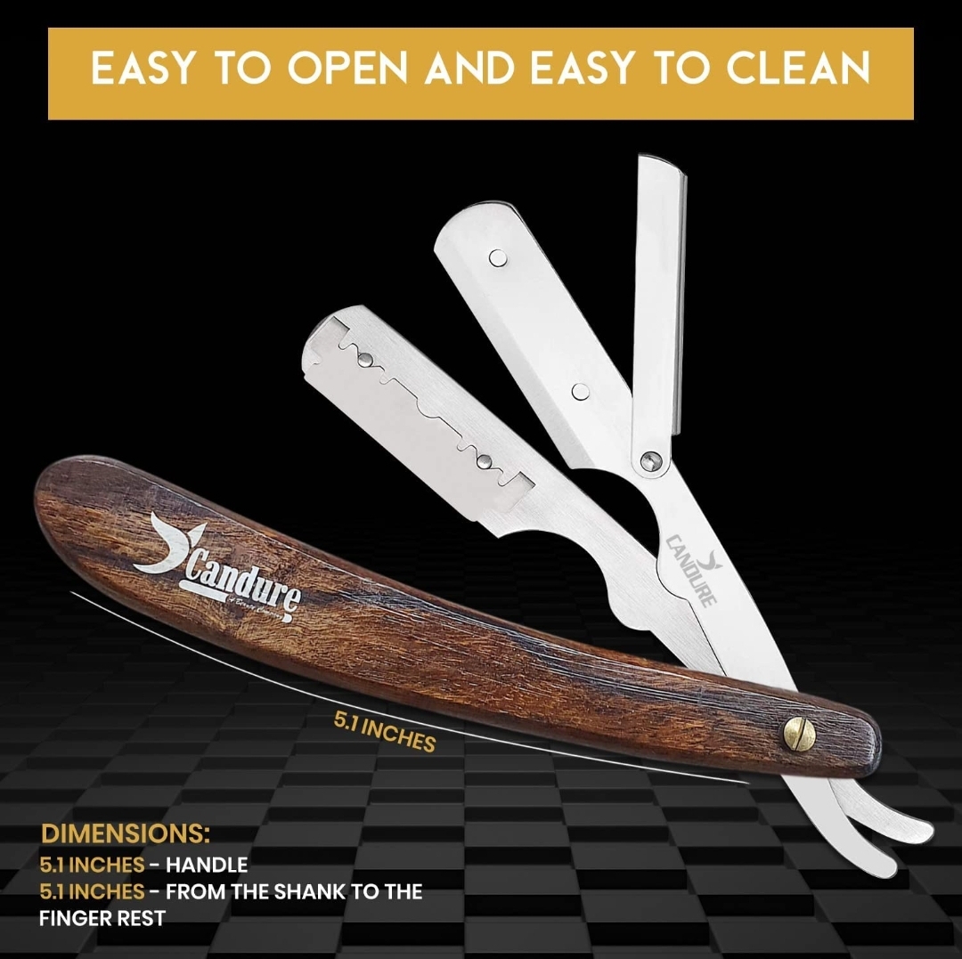 Navalha de barbear com cabo de madeira e lâminas metálicas