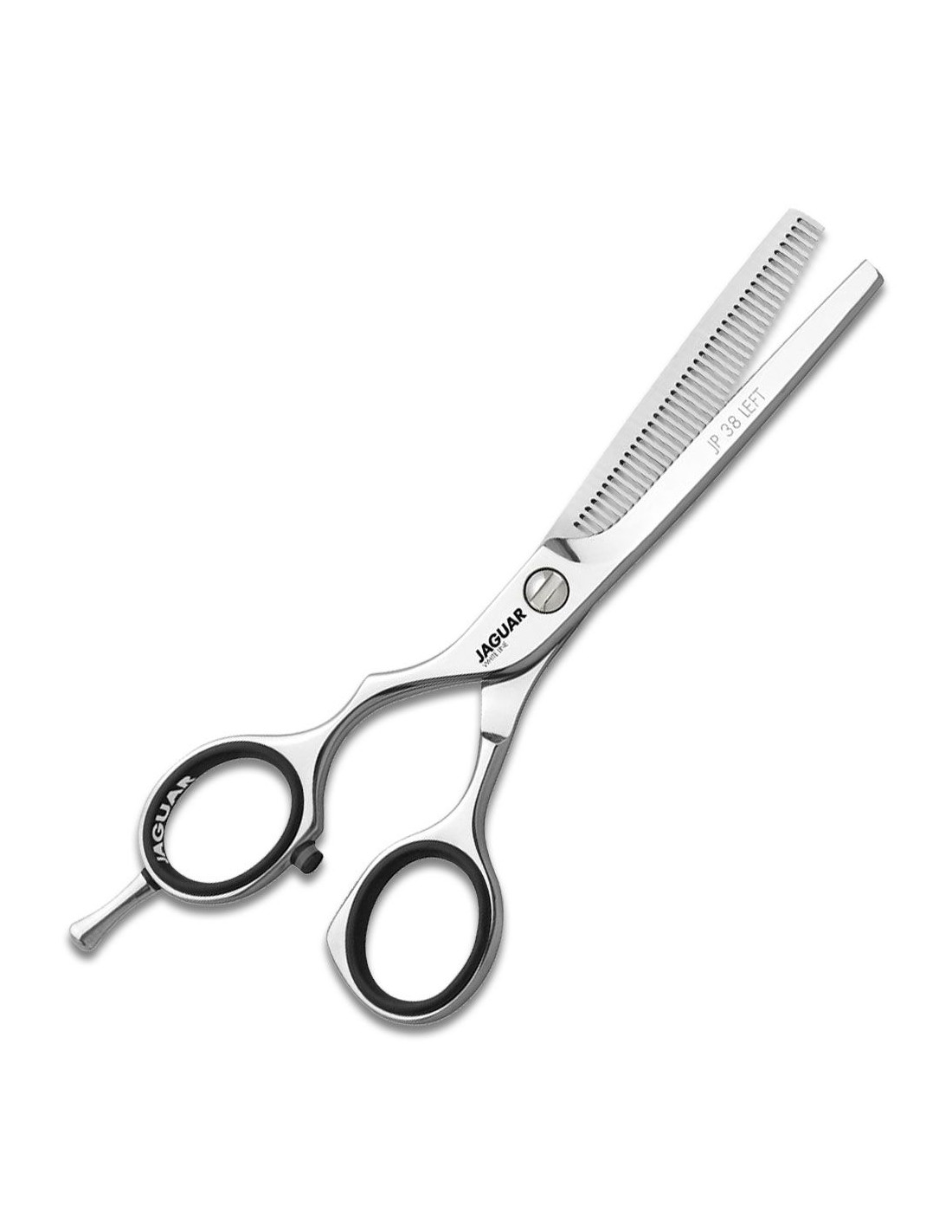 Tesoura de cabelo JAGUAR em aço inoxidável com empunhadura preta e lâmina dentada