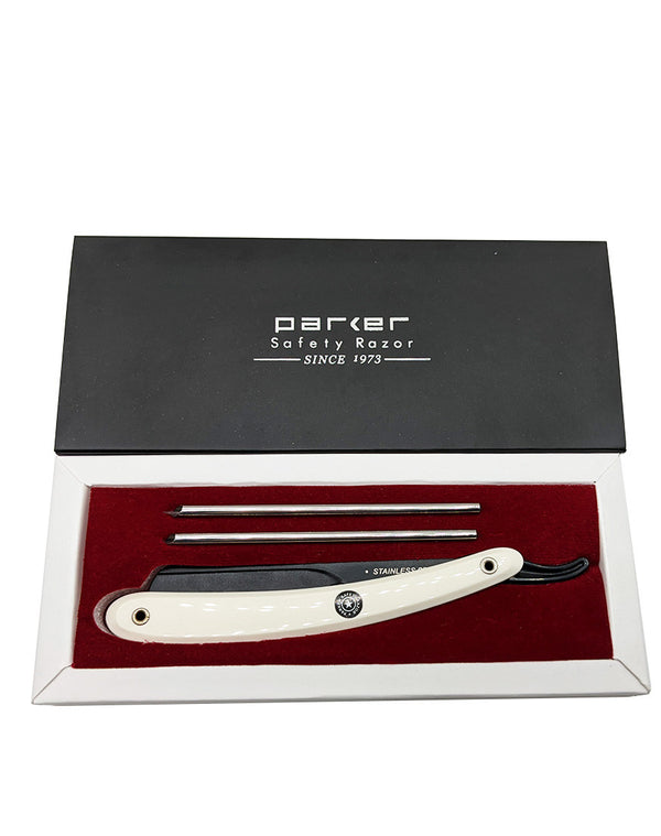 Conjunto navalha de barbear Parker com cabo branco em caixa preta e interior vermelho
