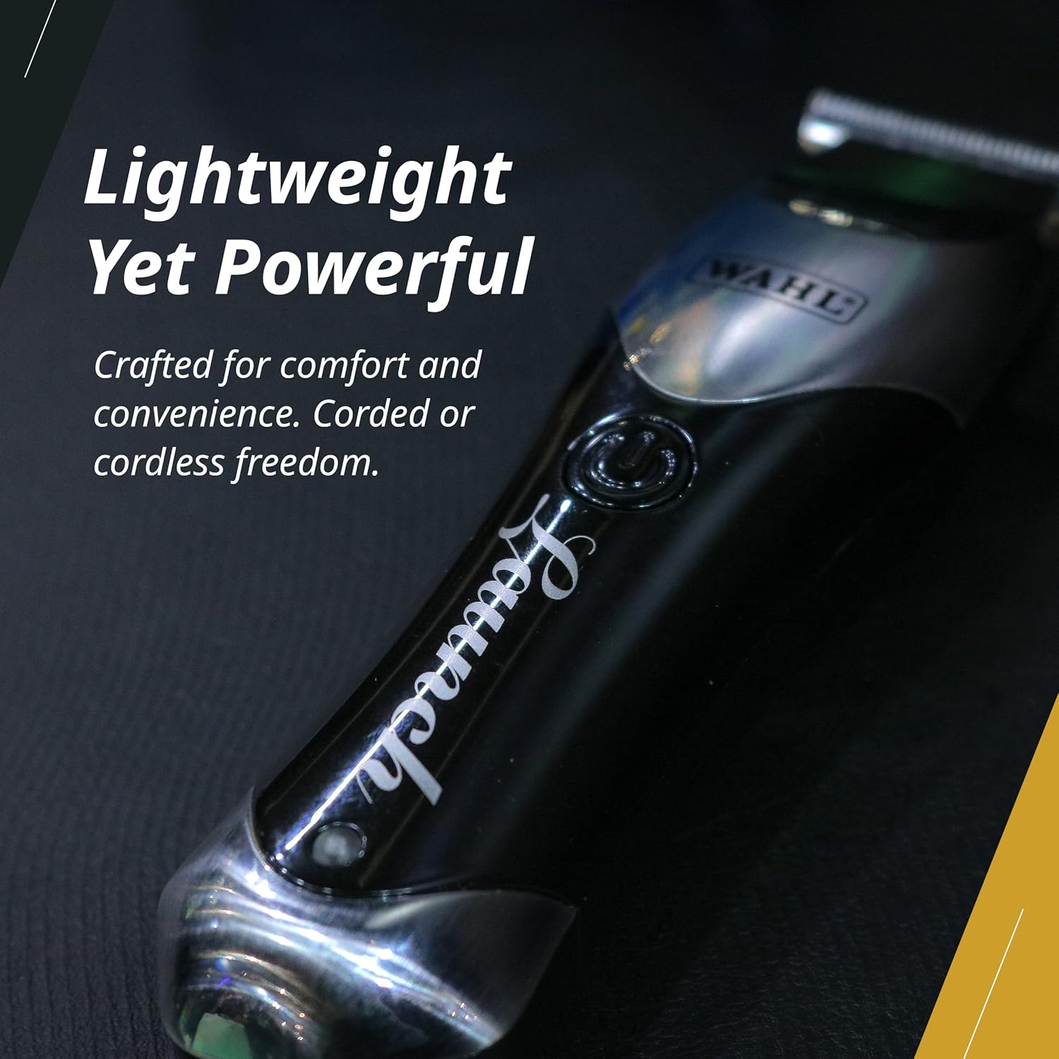 Máquina de cortar cabelo WAHL preta e prata com texto promocional