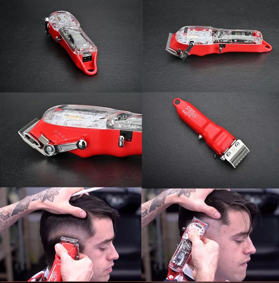 Aparelho de cortar cabelo vermelho e transparente mostrado em vários ângulos e em uso.
