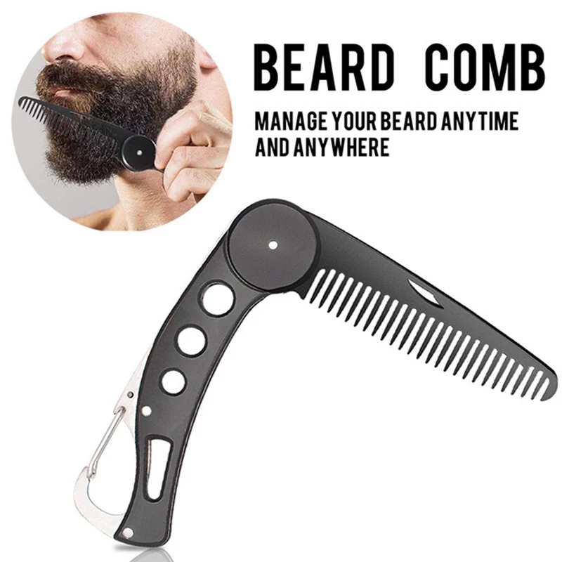 Pente para barba preto com mosquetão e texto promocional em inglês