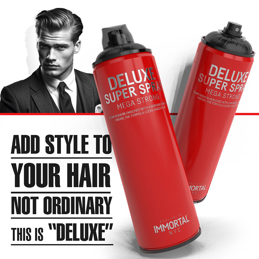 Dois frascos vermelhos de spray para cabelo Deluxe Mega Strong ao lado de homem com cabelo estilizado
