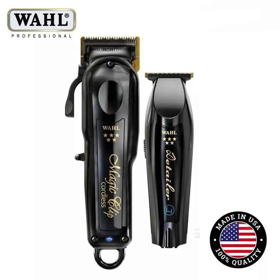 Máquinas de cortar cabelo WAHL Magic Clip Cordless e Detailer pretas com texto dourado e selo Made in USA