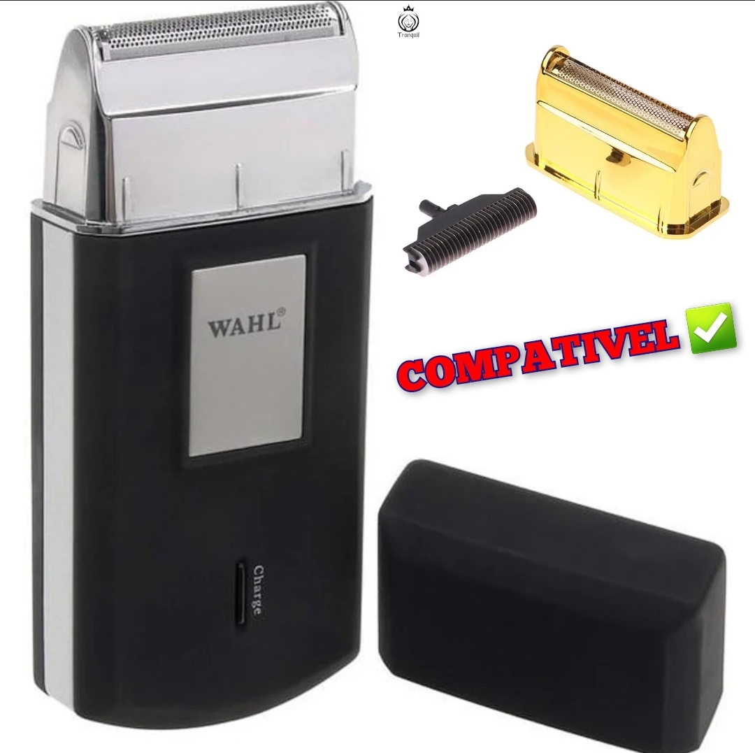 Aparelho de barbear elétrico WAHL preto e prateado com cabeças substituíveis e texto COMPATIVEL