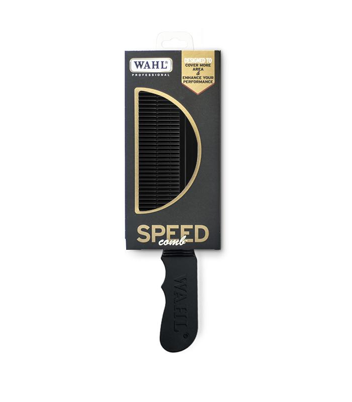 Pente Wahl Professional Speed comb preto em embalagem preta com texto branco e dourado