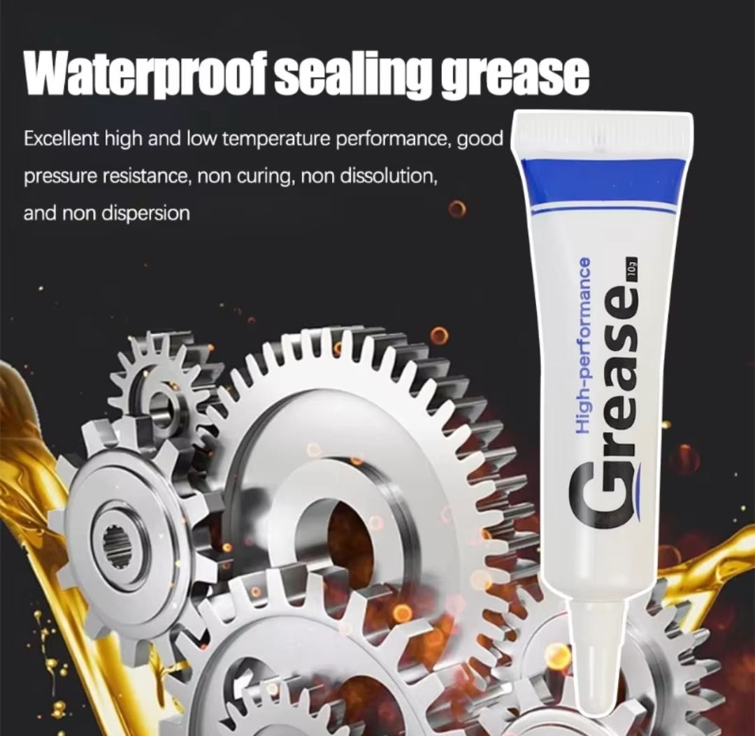 Tubo branco e azul de graxa de alta performance com engrenagens metálicas e óleo