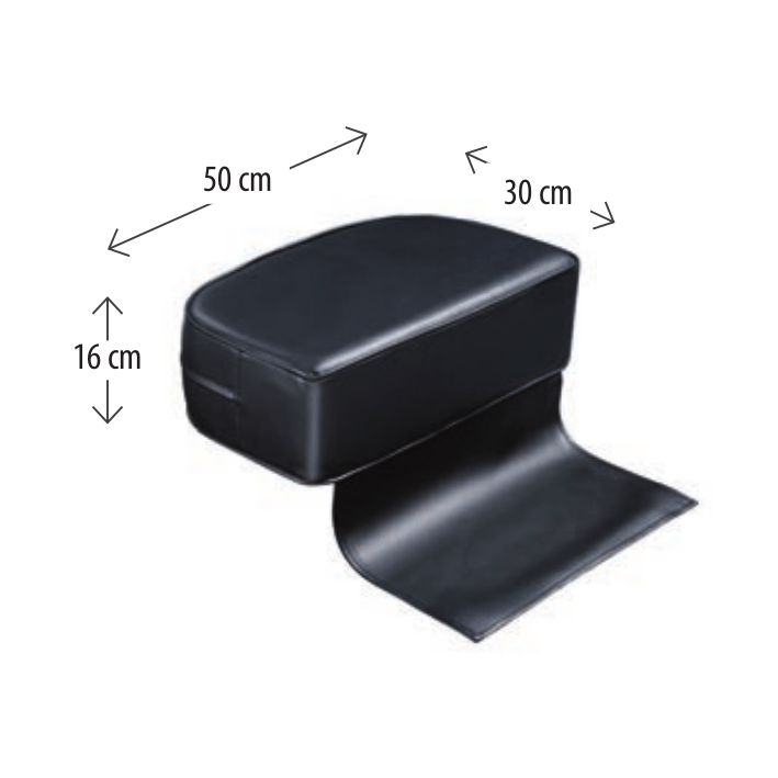 Almofada de apoio preta com base flexível e dimensões indicadas