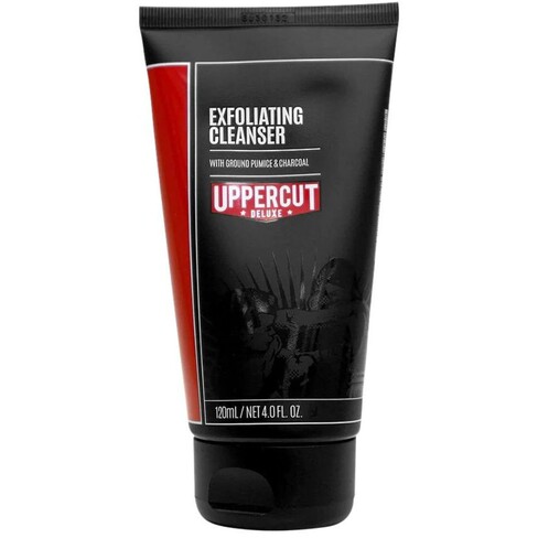Tubo preto de gel exfoliante Uppercut Deluxe com texto em branco e vermelho