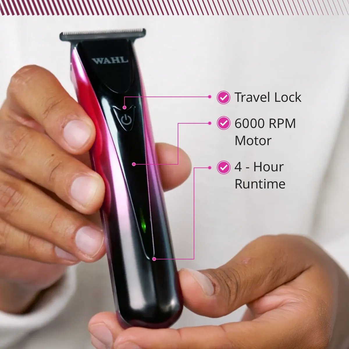 Máquina de cortar cabelo WAHL preta e vermelha metálica com texto informativo