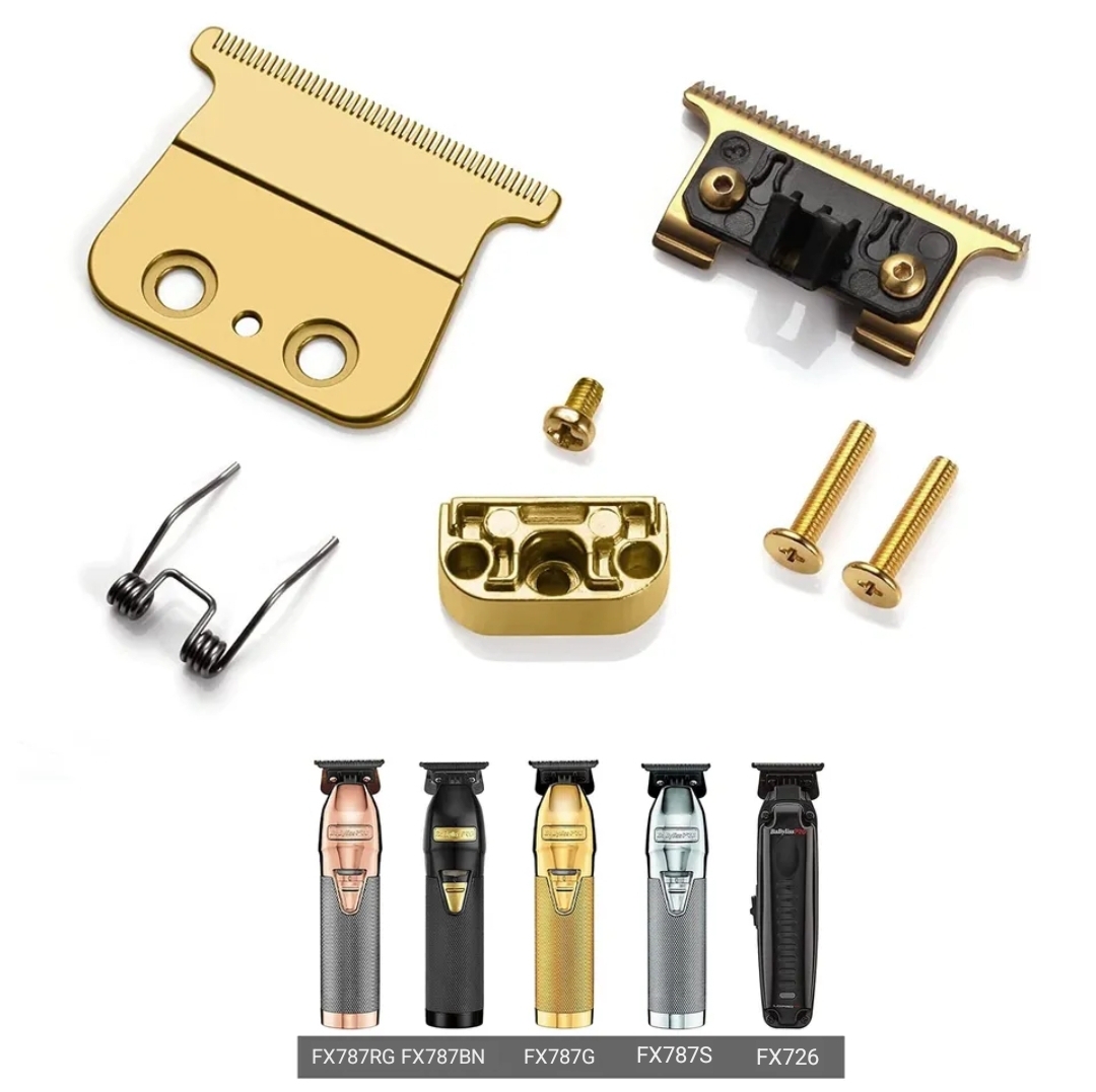 Lâminas douradas para máquinas de cortar cabelo com cinco máquinas diferentes em fundo branco
