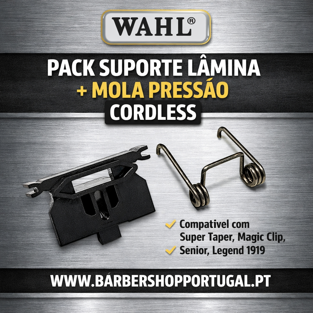 Pack WAHL suporte lâmina e mola pressão para máquinas sem fios sobre fundo metálico cinza