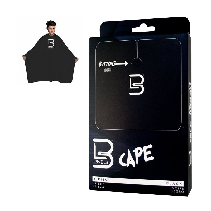 Capa preta para cabeleireiro em tecido com embalagem preta e logotipo LEVEL3.