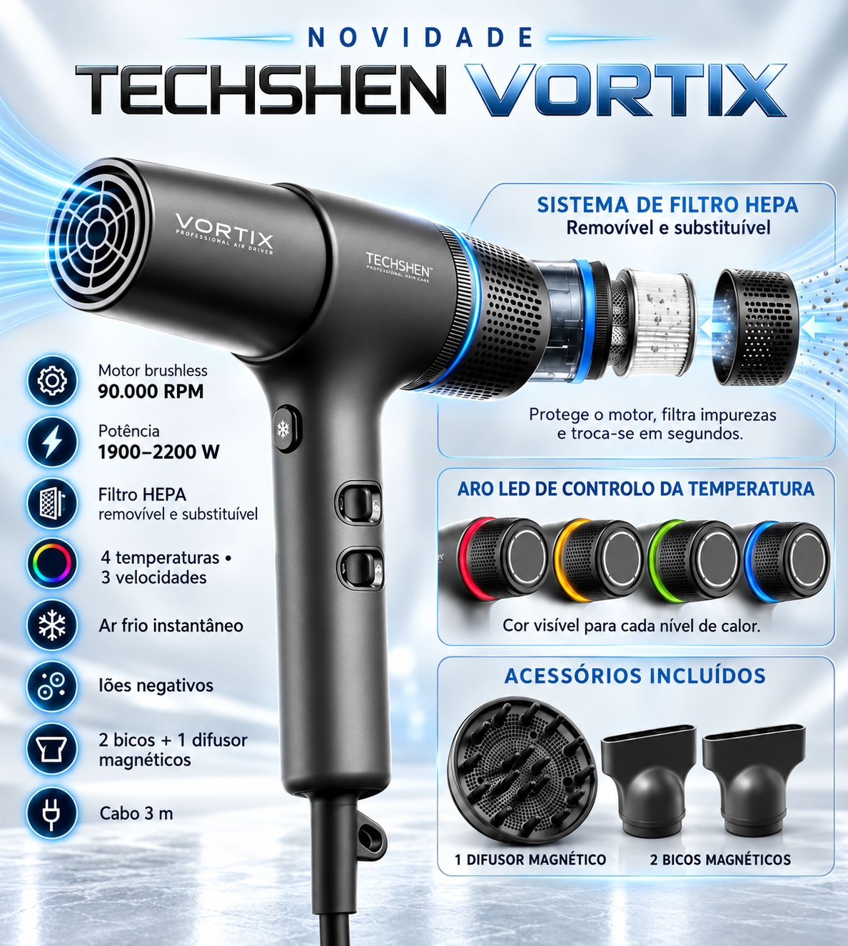 Secador de cabelo TECHSHEN VORTIX preto com filtros HEPA e acessórios magnéticos