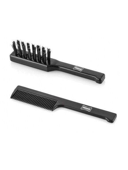 Conjunto de escova e pente pretos com o texto PROMAS no cabo.