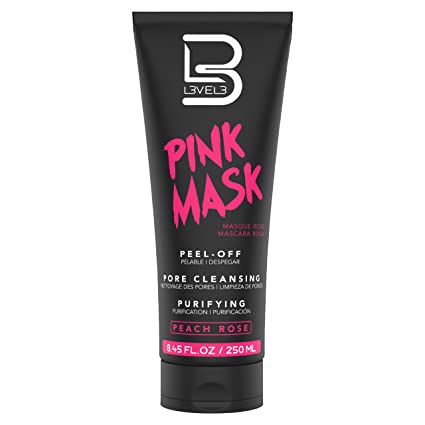 Frasco preto da máscara facial LEVEL3 Pink Mask com texto em rosa e branco