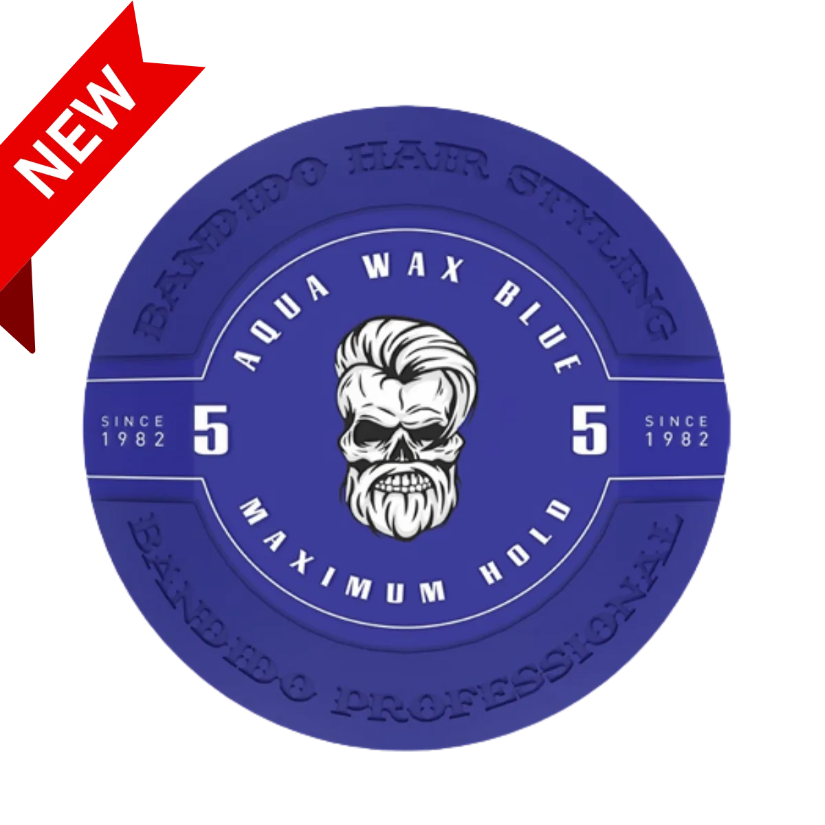 Embalagem circular azul de cera para cabelo Aqua Wax Blue com caveira estilizada e selo NEW.