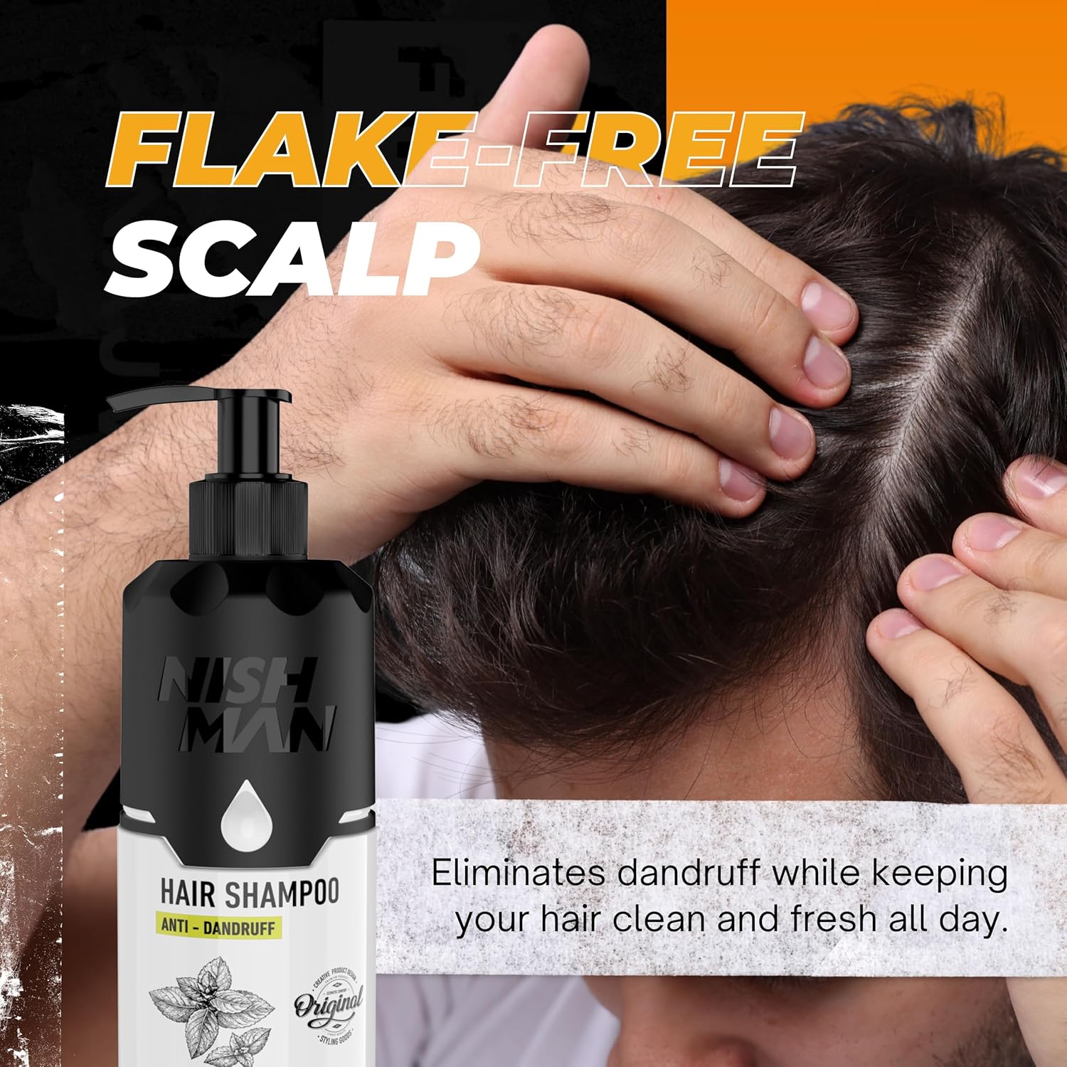 Frasco de champô anti-caspa NISH MAN e homem a afastar cabelo castanho escuro