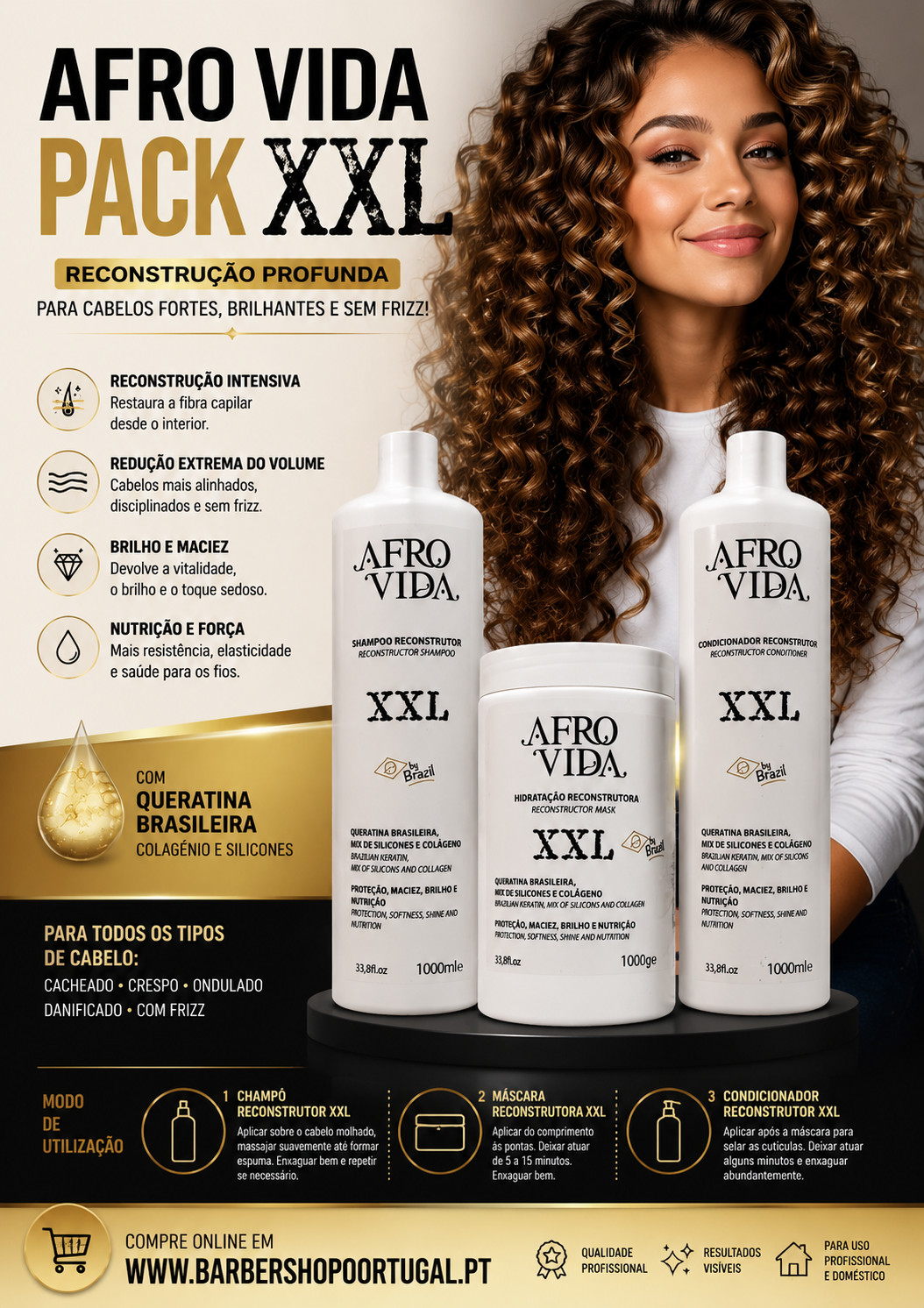 Kit Afro Vida Pack XXL com duas embalagens brancas e modelo com cabelo encaracolado
