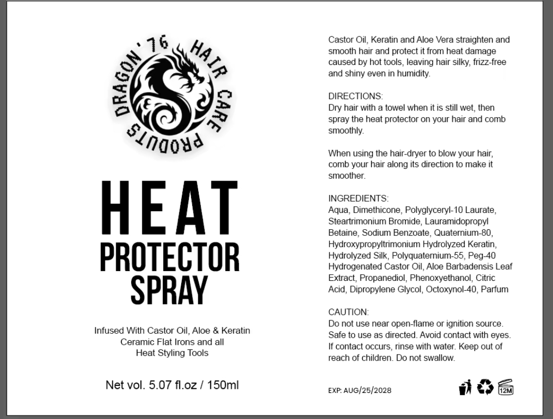 Etiqueta de produto de spray protetor de calor com texto em inglês