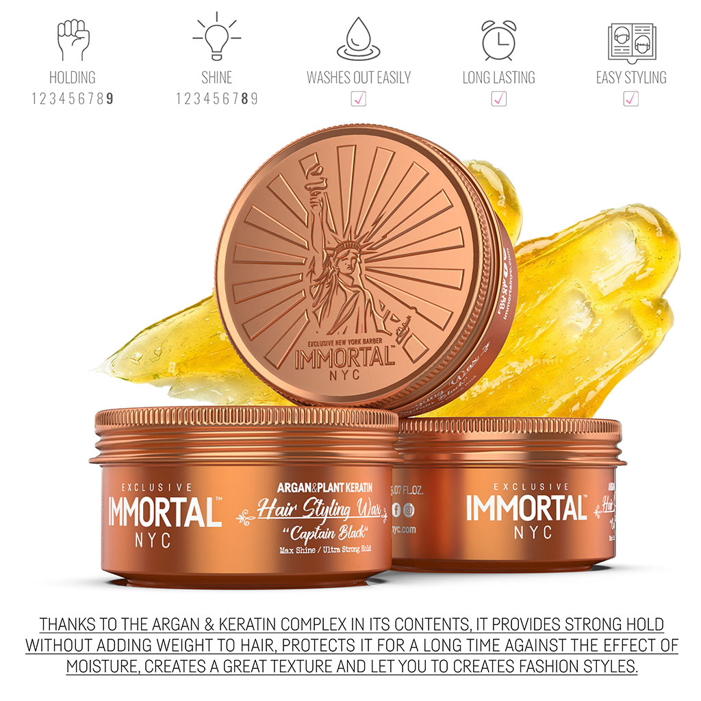 Vasos de cera para cabelo cobre com texto IMORTAL NYC e gel amarelo ao fundo