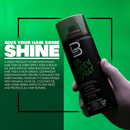 Frasco de spray para cabelo preto com tampa cinza e texto verde e branco em fundo verde.