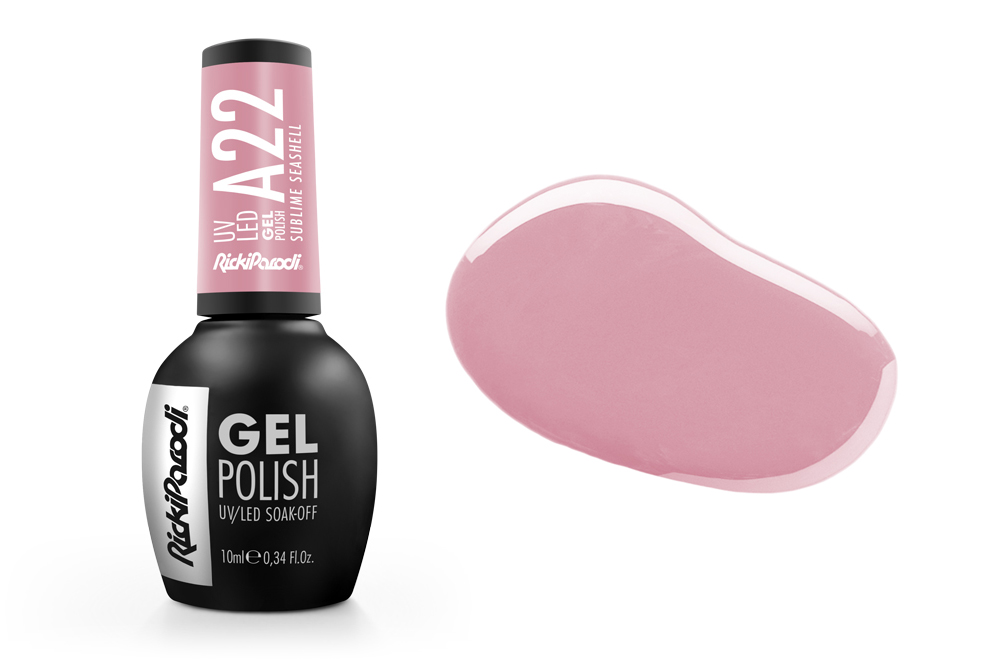 Frasco de esmalte em gel preto com rótulo rosa e amostra da cor rosa claro.