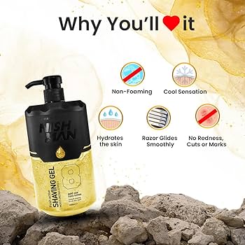 Gel de barbear NISHMAN em embalagem preta e amarela com texto e ícones de benefícios