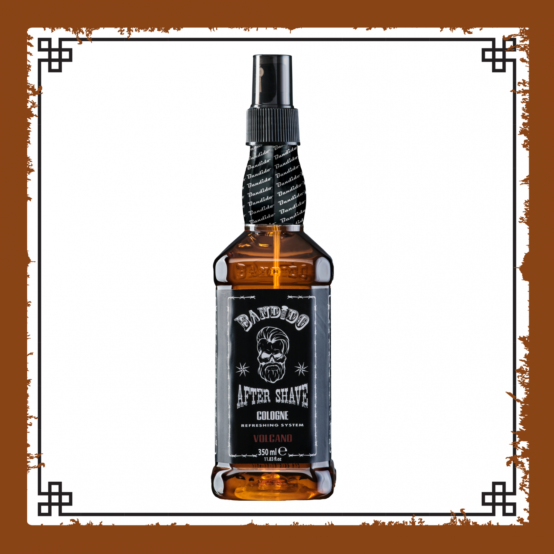 Frasco de after shave Baldeo em vidro âmbar com rótulo preto e texto branco