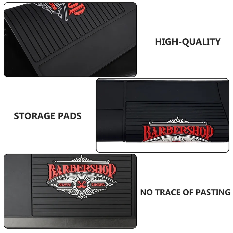 Tapetes de armazenamento pretos com logotipo BARBERSHOP colorido e texto descritivo