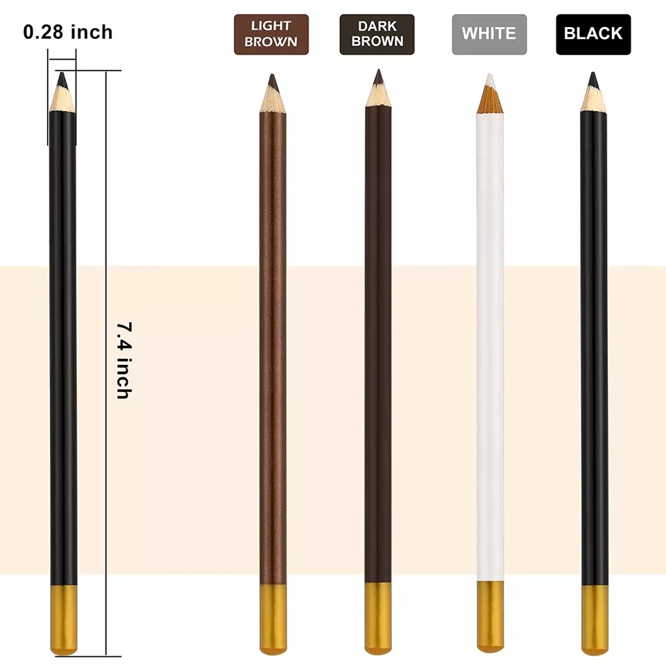 Cinco lápis de sobrancelha em cores variadas com base dourada, medidos em polegadas.