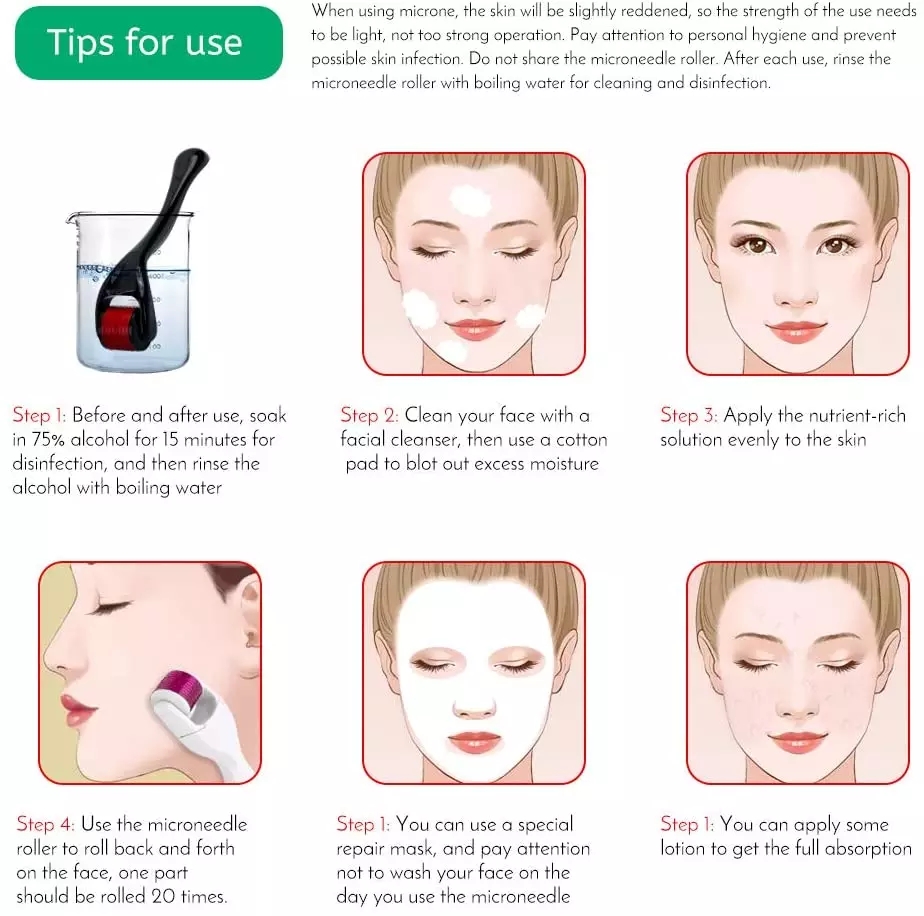 Instruções para usar microagulhas faciais com passos ilustrados e texto em inglês.