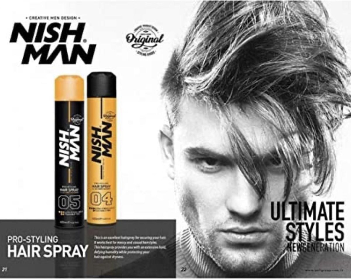 Dois frascos de spray para cabelo NISH MAN ao lado de rosto masculino com cabelo estilizado