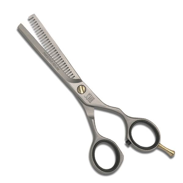 tesoura de desbaste para cabelo em metal fosco com dentes largos e cabo preto e dourado