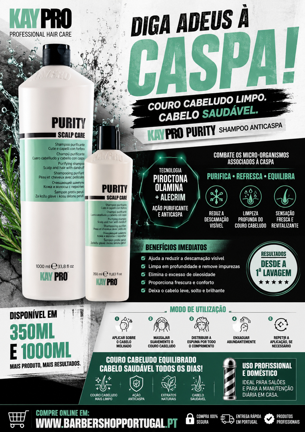 Dois frascos de champô KAYPRO PURITY SCALP CARE anticaspa, branco e verde, com tampa preta e texto sobre benefícios e modo de uso.