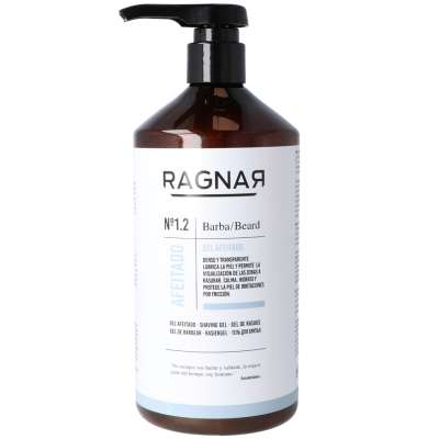 Frasco de plástico castanho com doseador preto e rótulo branco com texto de produto para barba RAGNAR Nº 1.2