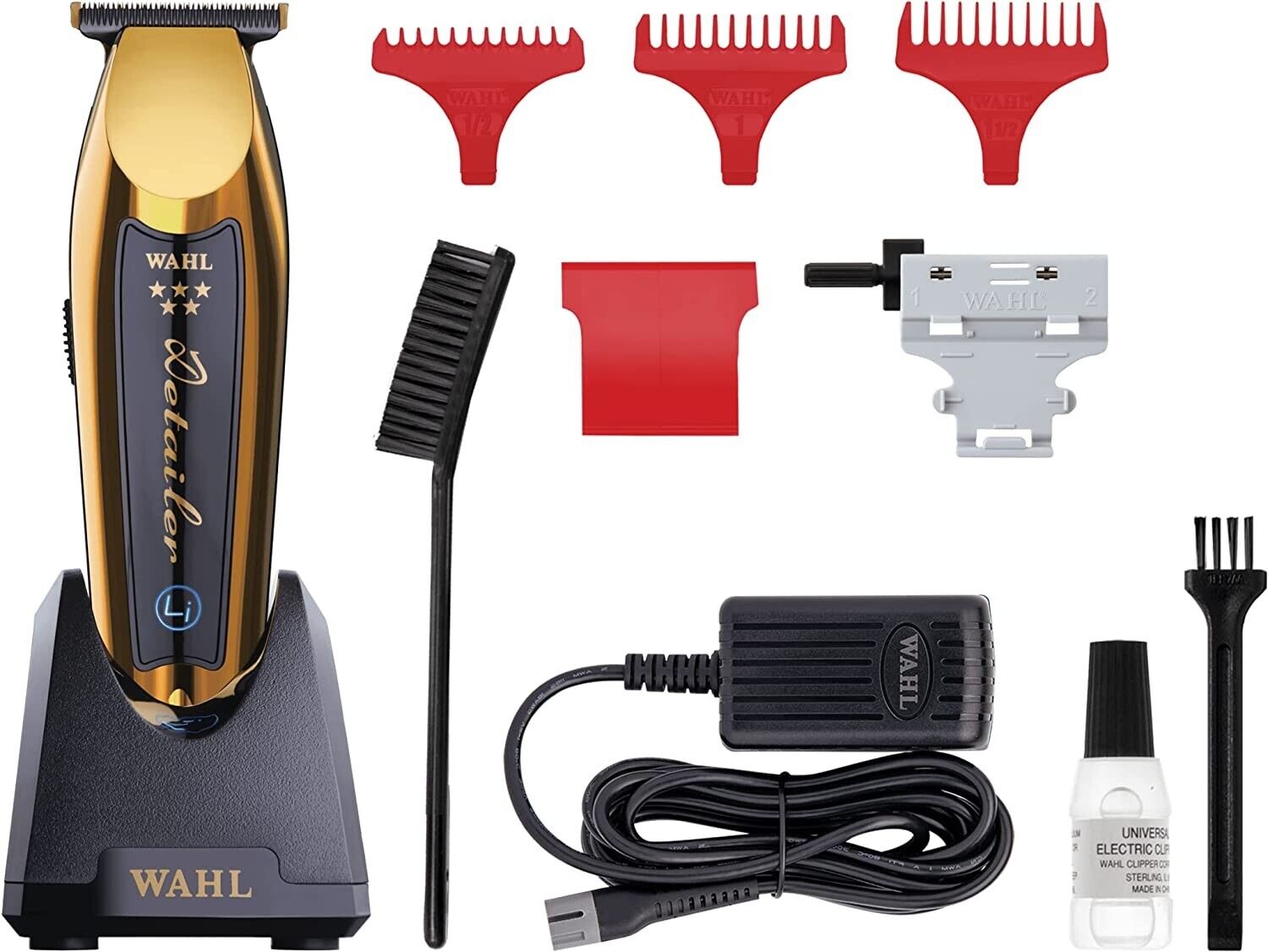 Kit máquina cortar cabelo WAHL dourado e preto com acessórios e pentes vermelhos