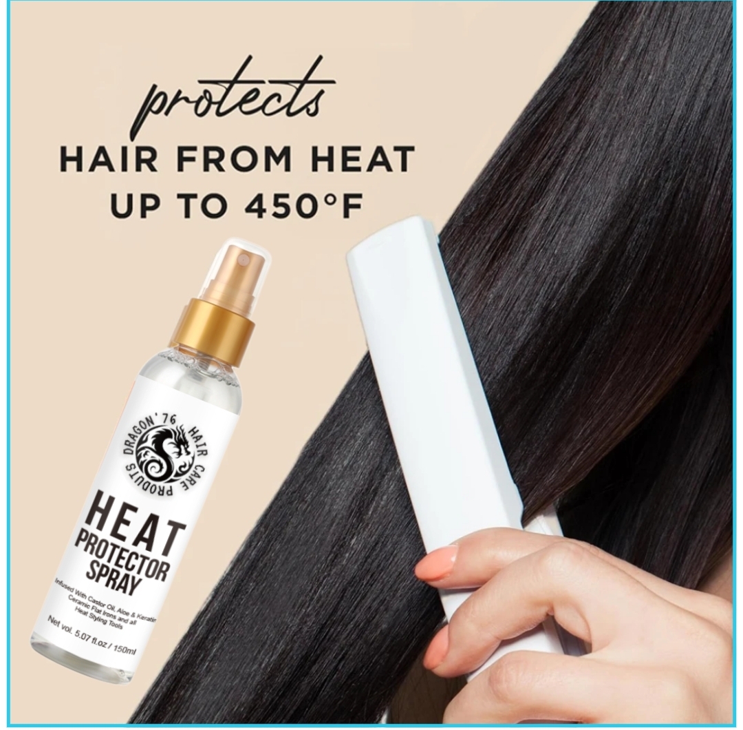 Spray protetor de calor Dragon'76 e cabelo a ser alisado com prancha branca
