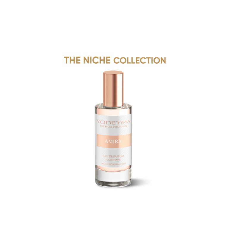 Frasco de perfume YODEYMA AMIRA da coleção THE NICHE COLLECTION com tampa metálica cor de rosa dourado