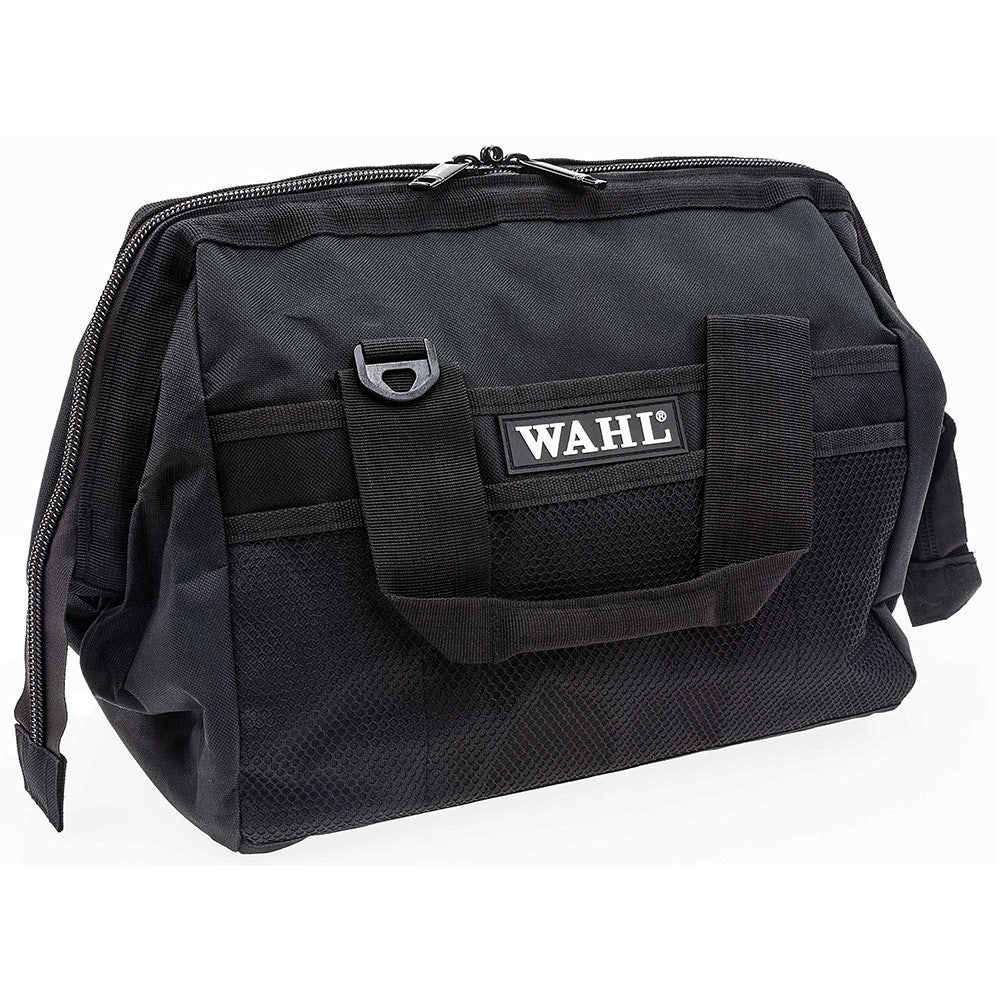 Bolsa preta de tecido com pegas e fecho de correr, com etiqueta WAHL