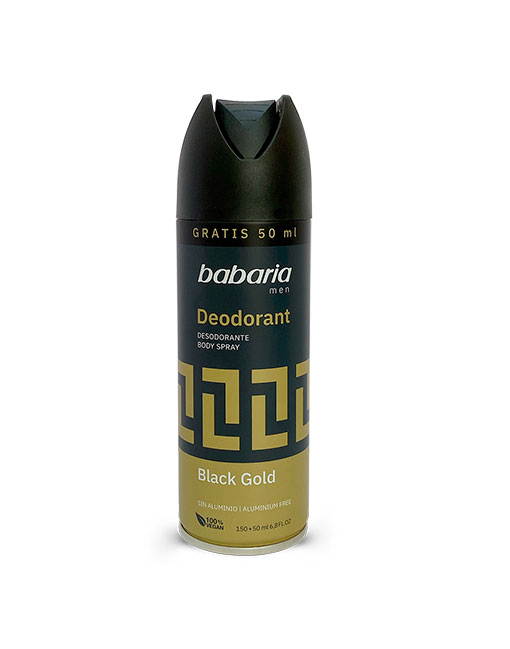 Desodorizante spray Babaria Men Black Gold em lata preta e dourada