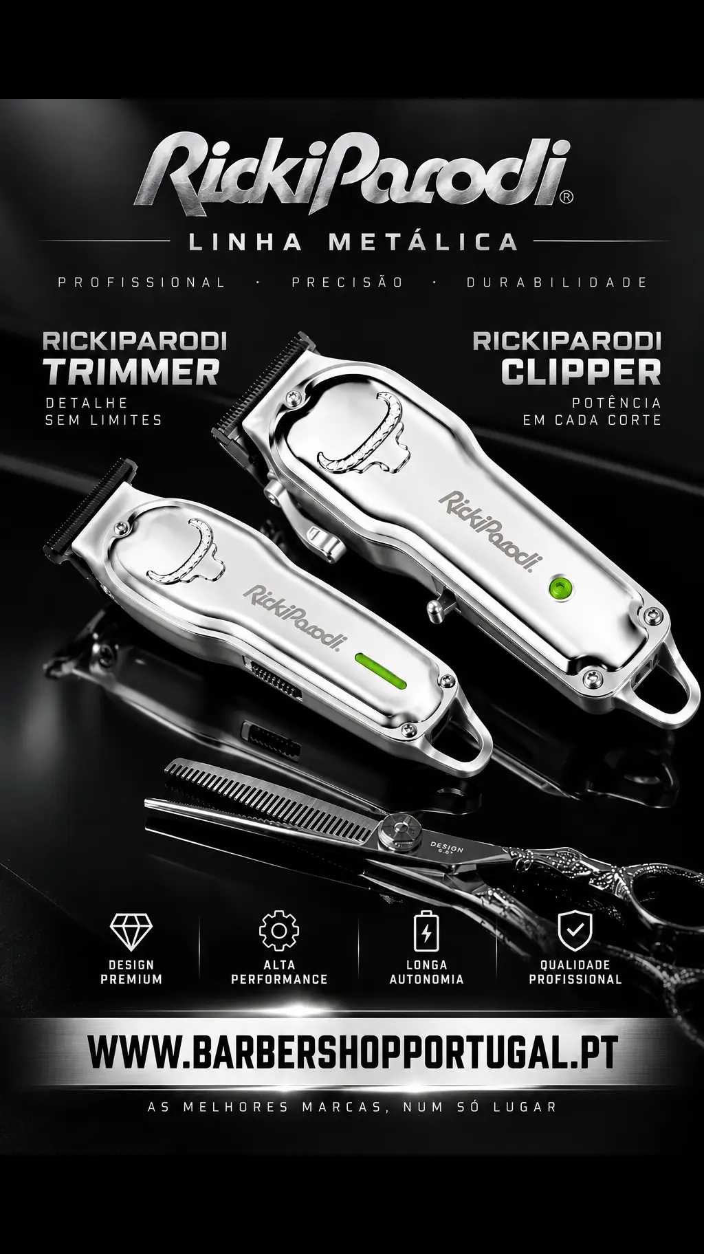 Máquinas de cortar cabelo metálicas RickiParodi TRIMMER e CLIPPER prateadas com tesouras em superfície preta