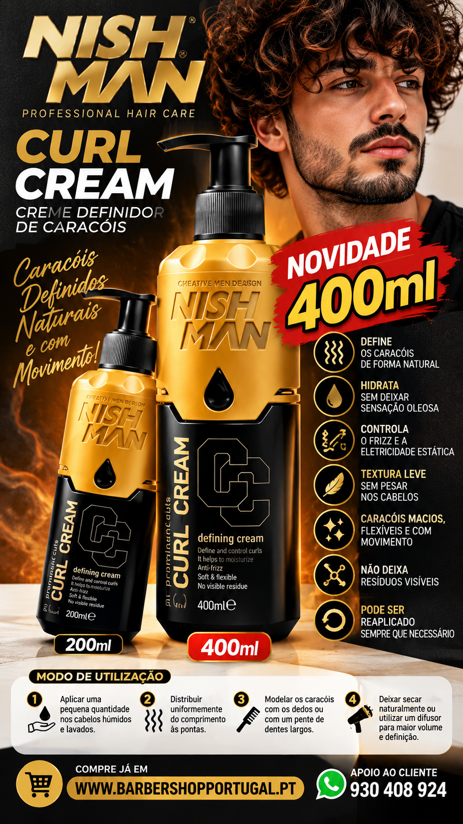 Cremes para caracóis NISH MAN em embalagens douradas e pretas, 200ml e 400ml, com instruções de uso em português.