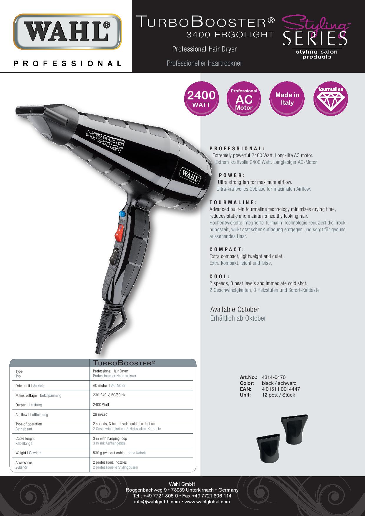 Secador de cabelo profissional WAHL TurboBooster preto com bocais concentradores