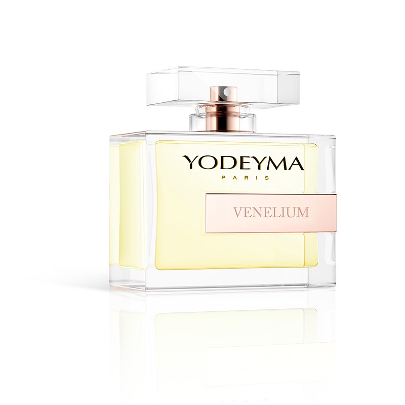 Frasco de perfume YODEYMA PARIS VENELIUM transparente e amarelo claro