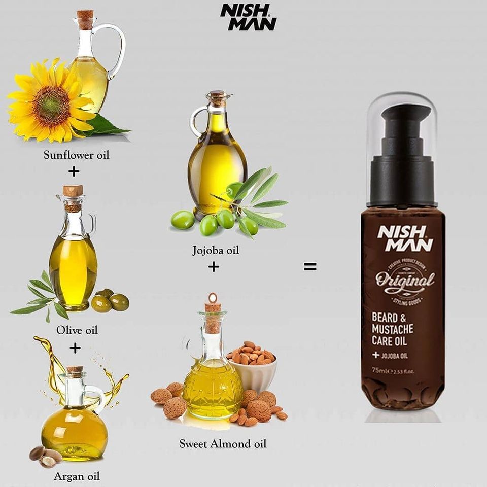 Frascos com óleos naturais e frasco de óleo para barba e bigode NISH MAN.