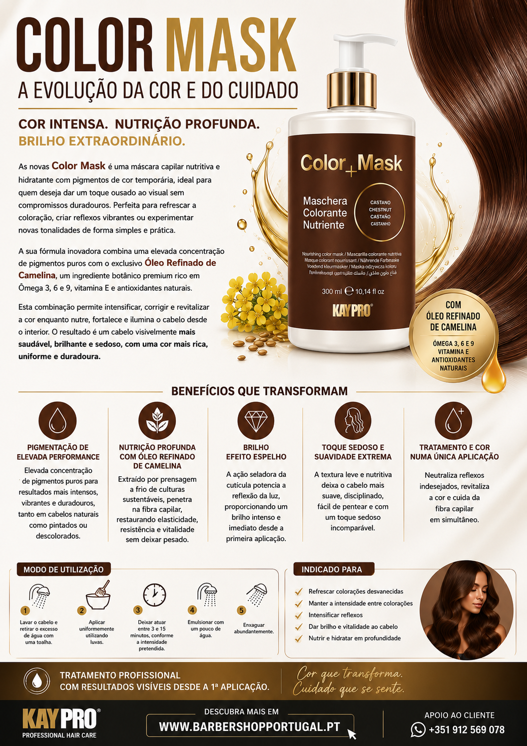 Máscara capilar colorante nutritiva Color Mask da KAYPRO, embalagem branca com rótulo castanho e dourado, texto em português e castanho, fundo claro.