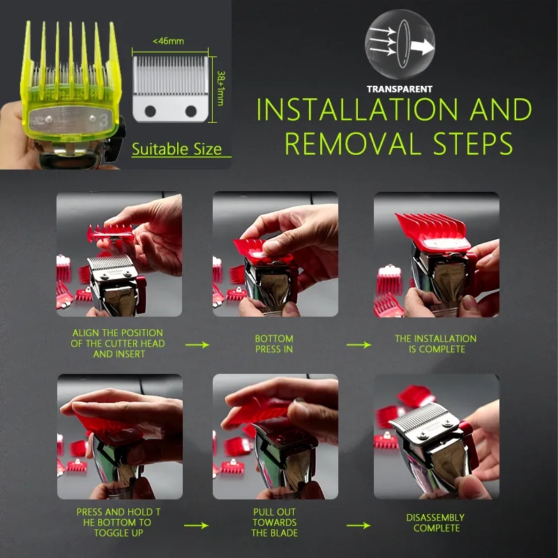 Instruções de instalação e remoção de pente aparador de cabelo verde e lâmina metálica